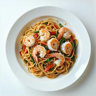 212.-Ebi yaki soba spaghetti di verdure, gamberi