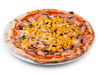 Pizza șuncă, ciuperci, porumb