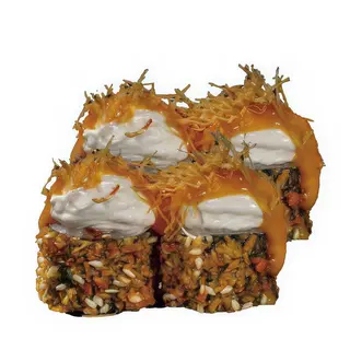85. Tempura de Salmon, Philadelphia, Kataifi y Salsa de Mango (8 Uds)