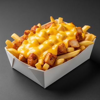 Patatas fritas con pollo crujiente y salsa de queso