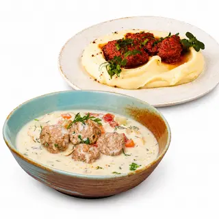 Meniul zilei Ciorba a la grec cu perisoare de pui si chiftele marinate cu piure