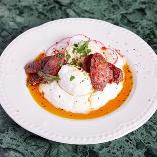 Turkish poached eggs with with Chorizo And Yoghurt