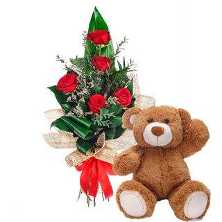 5 rose rosse gambo medio con peluche