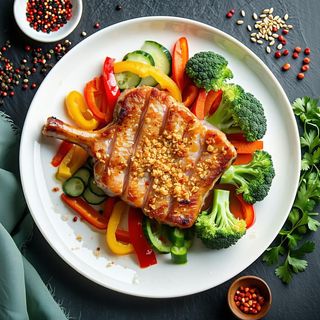 Chrupiąca karkówka z warzywami na gorącym półmisku