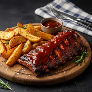Coaste de porc cu sos barbeque si cartofi wedges