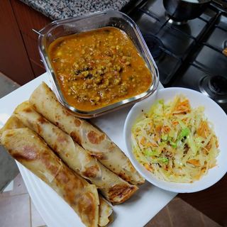 2chapati + pojo (ndengu) + greens (cabbage or mchicha or sukuma)