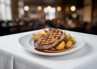 Ceafă de porc marinată cu cartofi wedges si sos de ardei copt