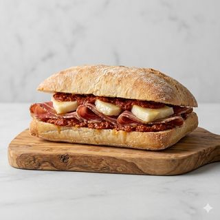 Ciabatta con capocollo della Val di Chiana, Caciotta della fattoria e Pomodorini secchi