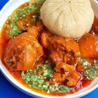 White Eba served with okro mixed with beef and chicken 