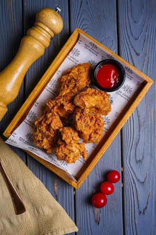Куриные крылышки в хрустящем кляре. Подается с острым соусом. (400г)