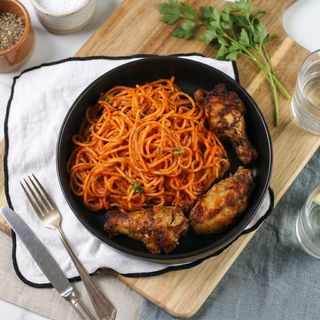 Jollof Spaghetti With Plantain, Salad & Turkey