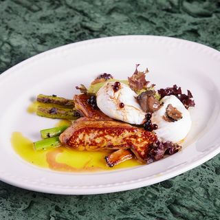 Foie Gras with Poached Eggs, Truffles and Grilled Asparagus
