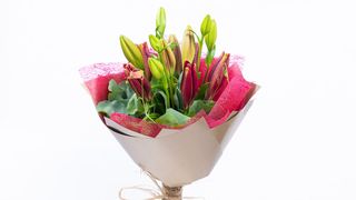 Buket od tri crvena ljiljana zatvorena