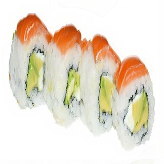 79. Uramaki De Aguacate Con Queso Y Salmón Encima (8 Uds.)