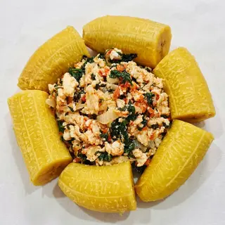 Boiled Plantain, Cabbage Sauce & Eggs