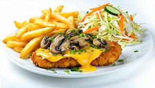 Kotlet drobiowy z pieczarki i ser żółty z frytki i surówka