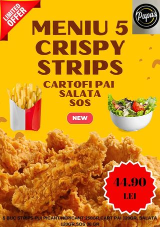 Meniu complet Cripy Strips (5 buc)+CARTOFI PAI+SALATA+SOS