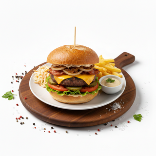 Hamburger Mc'Napoli cu cartofi prajiti si sos