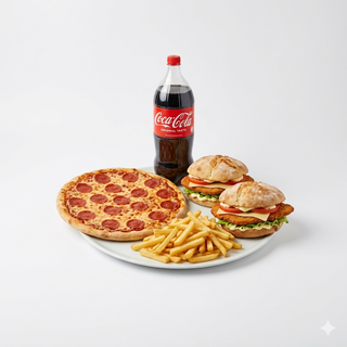 Menú 2 camperos + pizza (familiar) + patatas + bebida (2 lt.)