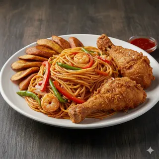 Stir Fry Spaghetti, Plantain And 2 Chicken