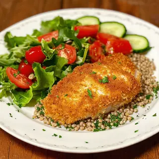 Fish cutlet with buckwheat and salad