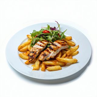 Plato Combinado De Pollo Con Patatas Y Ensalada