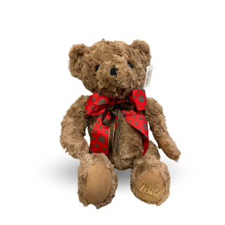 Miś Teddy z czerwoną kokardką ciemny beż