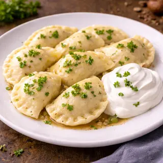 Pierożki ruskie w sosie śmietanowo koperkowym  8szt.