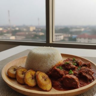 White Rice + Moi Moi/Plantain + Beef and Water