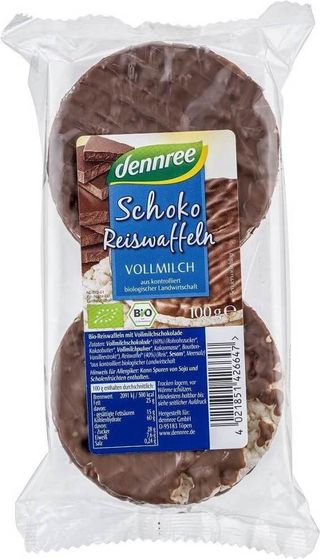 WAFLE RYŻOWE Z GORZKĄ CZEKOLADĄ BIO 100 g - DENNREE