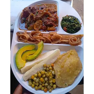 Matooke, Cassava, Chapati & Beef soup