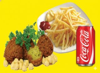 Falafel, patatine e una lattina