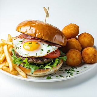 N-4 Hamburguesa Con Huevo Frito Y Croquetas De Jamón (2 Uds.)
