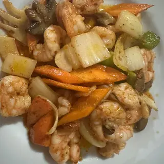 Gambas com Castanhas no Prato de Ferro