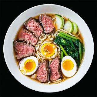 204.-Ramen in brodo con vitello manzo, verdura miste ed uova.