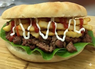 Salsiccia doppia, lattuga, patatine, ketchup e maionese