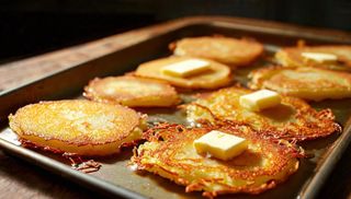 Placki ziemniaczane pieczone na blasze z masłem, zupa