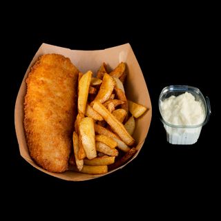 File de cod pane 200gr, cartofi prajiti100gr, sos maioneză cu usturoi80gr