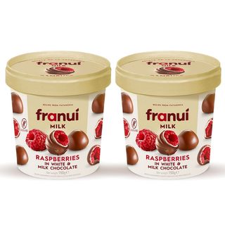 2x ფრანუი: ჟოლო ამოვლებული რძიან და თეთრ შოკოლადში; 150 გრამი