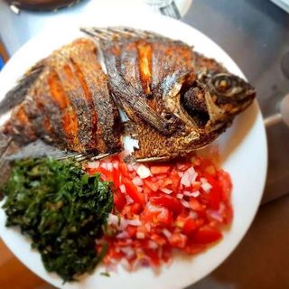 Whole Tilapia Dry Fried with Rice and Greens