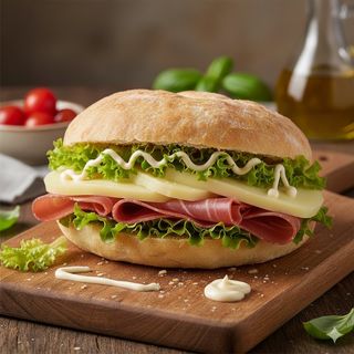 Puccia con prosciutto crudo, mozzarella, maionese e insalata