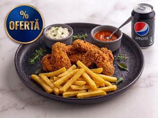 OFERTA Aripioare Crispy de pui picante + Cartofi prajiti + doza de pepsi + sos de maioneza