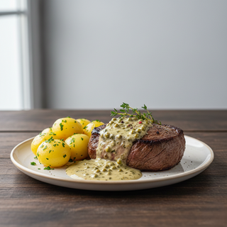 Muschi de vita cu sos de piper verde si cartofi natur