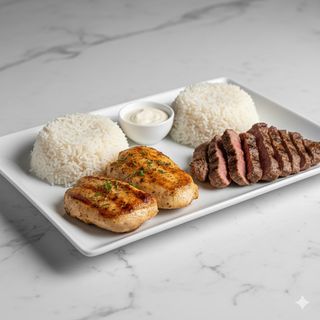 Plato Pollo O Ternera + Arroz Y Salsa Blanca