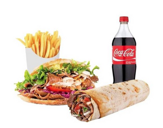 2 Kebabs + 1 durum + patatas + Coca-Cola Sabor Original botella 2L.