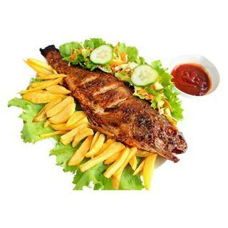 Croacker Fish BBQ With Sauce, Chips, Ketchup And Salad