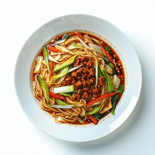 76 Spaghetti di soia piccanti saltati con carne e verdura