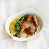 chicken shkmeruli with potatoes and broccoli