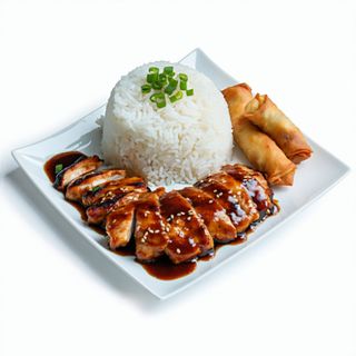 Pollo Teriyaki con arroz y 6 rollitos de primavera pequeños