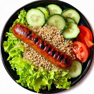 Sausages with buckwheat and salad